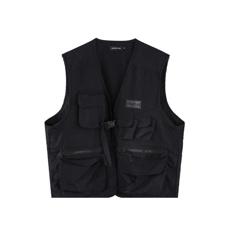Men Sweater Vest Strap Multi-Pocket Workwear Casual Vest Men's Dark Sleeveless Jacket Jacket