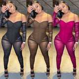 See through Pants Suit Solid Color Fashion Women's Sexy Suspender Ruffled See-through Trousers Jumpsuit