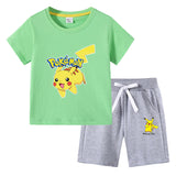 Children Pokemon Pikachu Hoodie T-shirt Shorts Two-Piece Suit Cotton