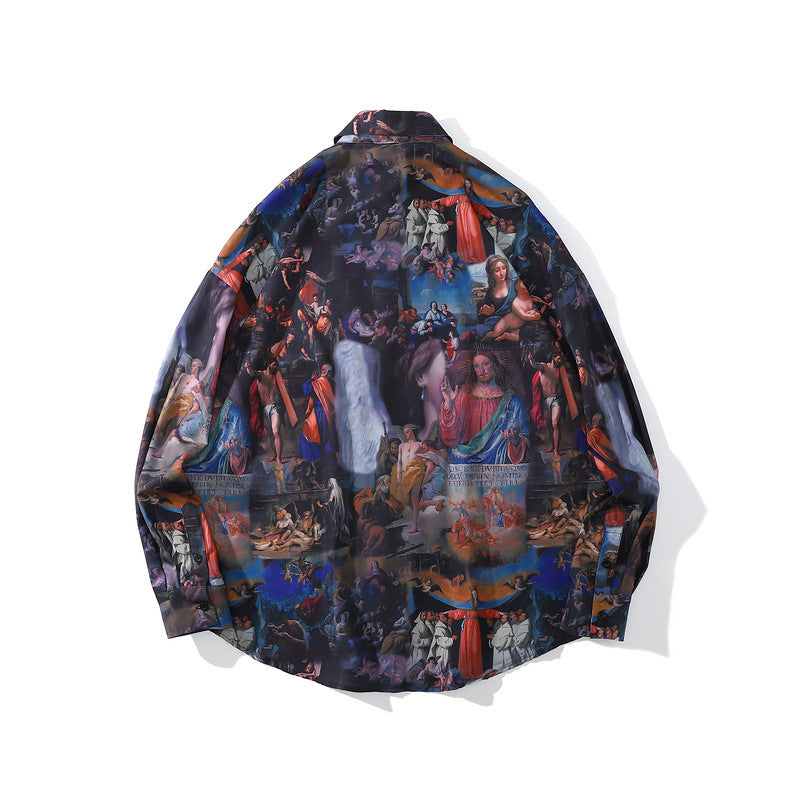 Mens Fall Outfits High Street Hip Hop Oil Painting Graffiti Shirt Retro Loose Couple Coat Men and Women