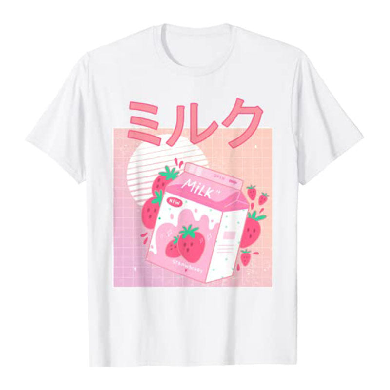 Oversized 90s T Shirt Fun Retro Cute Strawberry Milk Paper Box T-Shirt Women'S Short Sleeve Cotton