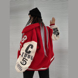 Red Varsity Jacket Autumn and Winter Hip Hop Motorcycle Lambswool Wool Coat Thick Winter Clothes Men and Women Couple Style