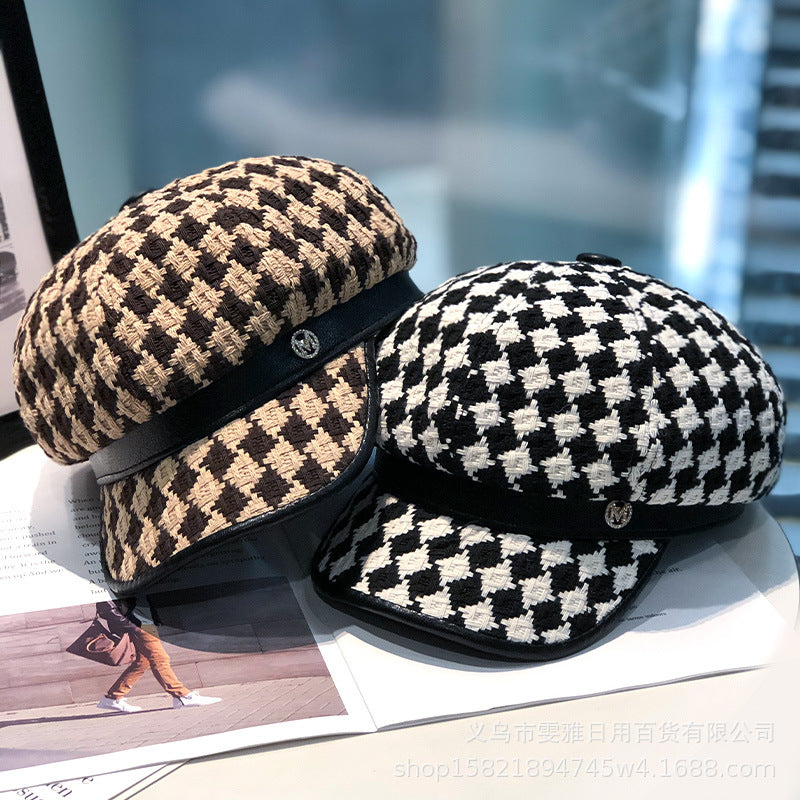 Check Beret Hat Women's Autumn Winter Retro Plaid Knitted Plaid