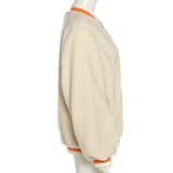 Brown Cropped Varsity Jacket  DA 5347b embroidered contrast stitching lamb velvet jacket