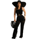 Party Pants Suits Pure Color Mesh See-through Pleated Vest Waist Pants Two-Piece Set for Women