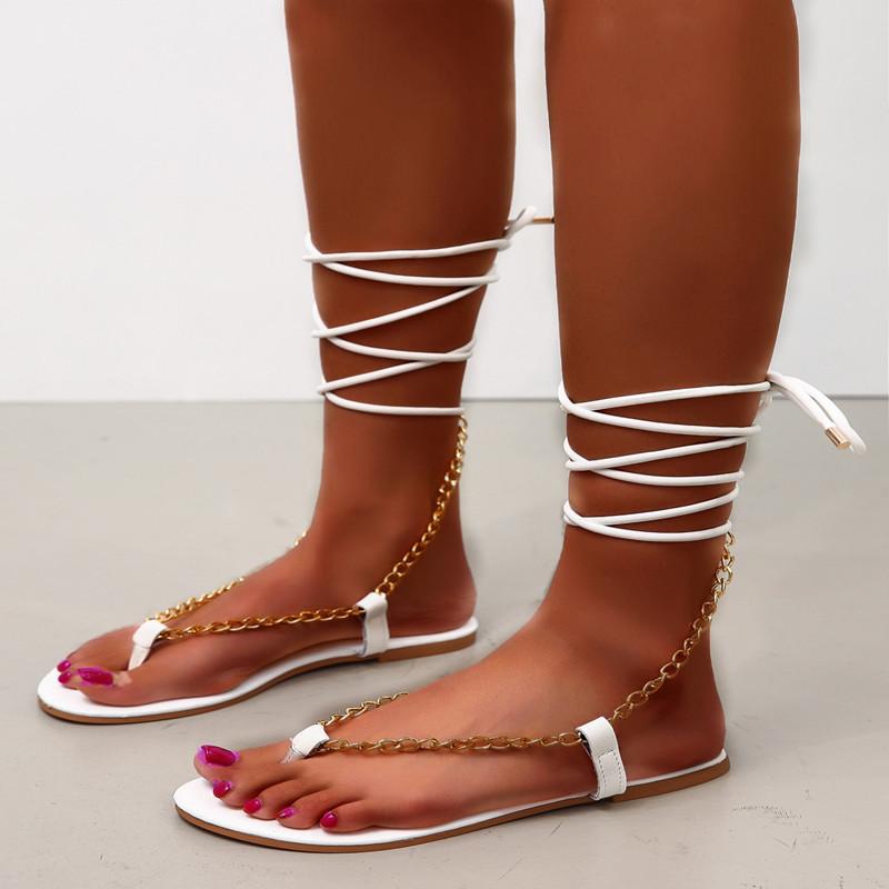 Women Open Toe Sands Flats Plus Size Summer Casual Metal Chain Cross Strap Sandals