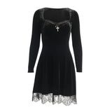 Winter Formal Dresses Dark Lace Dress Autumn and Winter Stitching Long Sleeve Round Neck