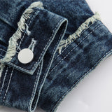 Men Denim Coat Jean Jackets Washed Distressed Frayed Hem Denim Jacket Men's Multi-Pocket Loose Lapels Workwear Jacket