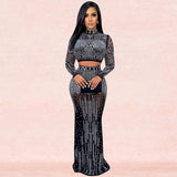 Party Pants Suits Fashion Sexy Nightclub Women's Clothing Mesh See-through Long Sleeve Dress Two-Piece Set