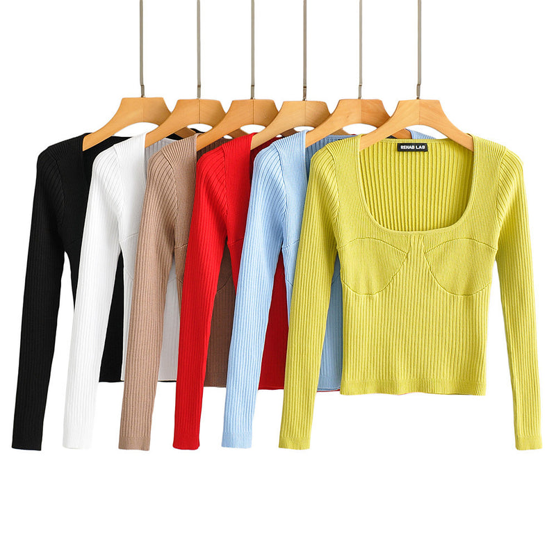 Women Fall Fall Fall Six-Color Square Collar Patchwork Knitting Top Slim Fit Short Sweater