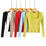 Women Fall Fall Fall Six-Color Square Collar Patchwork Knitting Top Slim Fit Short Sweater