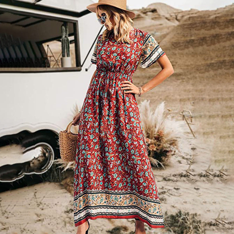Emery Rose Dresses Cotton Printed Bohemian Dress Short Sleeve Maxi Dress