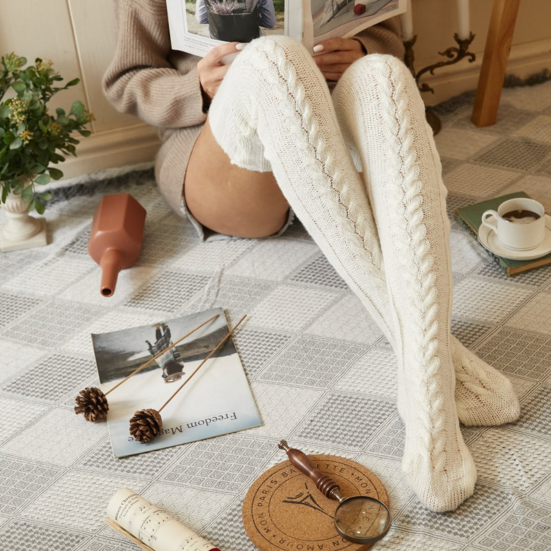 Winter Chunky Cable Thick Knit Thigh High Socks Long Stockings Boot Knitted Socks over the Knee Lengthened Stockings
