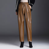 Brown Leather Pants Women's Elastic Waist Harem Pants Autumn and Winter Casual Pants