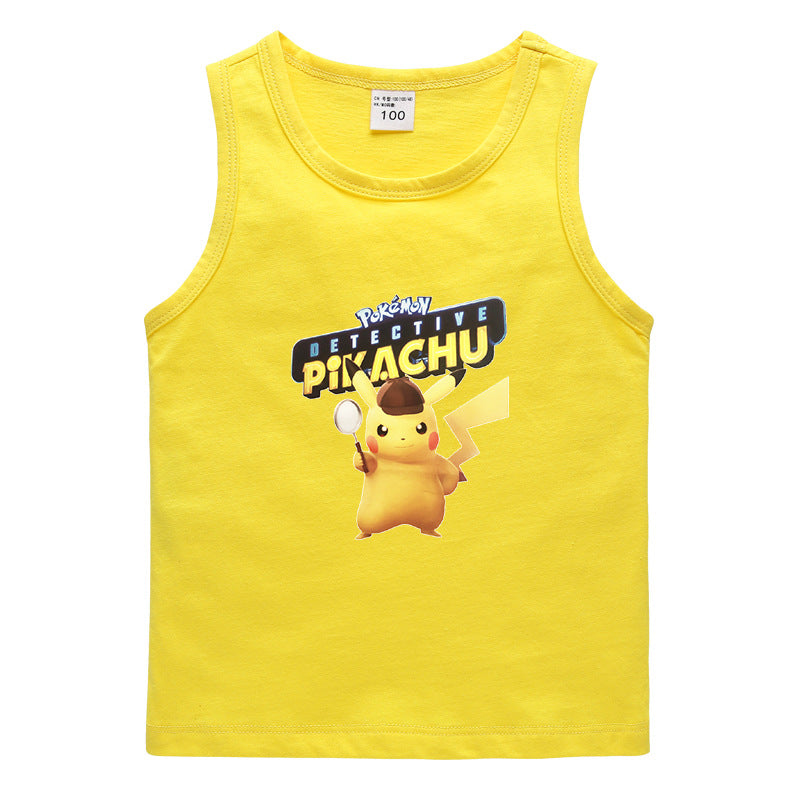 Children Pokemon Pikachu T Shirt Cotton Leisure Solid Color Sports Vest