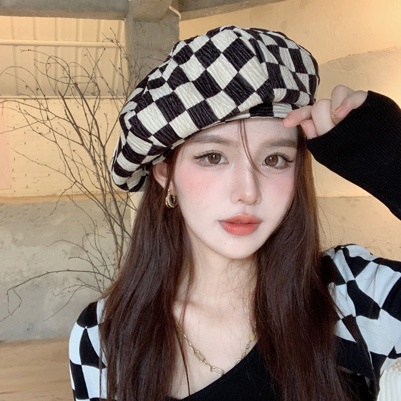 Check Beret Hat Black-White Checker Board a Little Cloud Cap