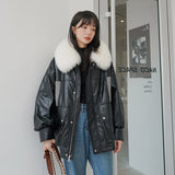 Cute Leather Jacket Parka Cotton-Padded Coat Women's Winter Small Rabbit Fur Liner Fleece Plaid Patchwork Cotton-Padded Jacket Coat