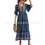 Emery Rose Dresses Cotton Printed Bohemian Dress Short Sleeve Maxi Dress