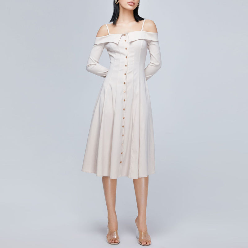 Women Spring Dress Sling off-Shoulder Mid-Length Dress Slim French White Lady Dress