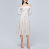 Women Spring Dress Sling off-Shoulder Mid-Length Dress Slim French White Lady Dress