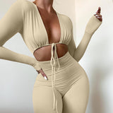 Summer Pure Color Tight Sexy Lace-up Tight Trousers Jumpsuit
