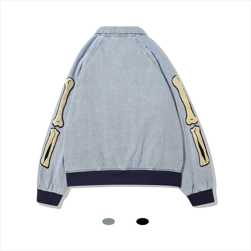 Varsity Jacket Vintage Street Retro Jacket Men's Skull Picture Patch Thickening Denim Jacket