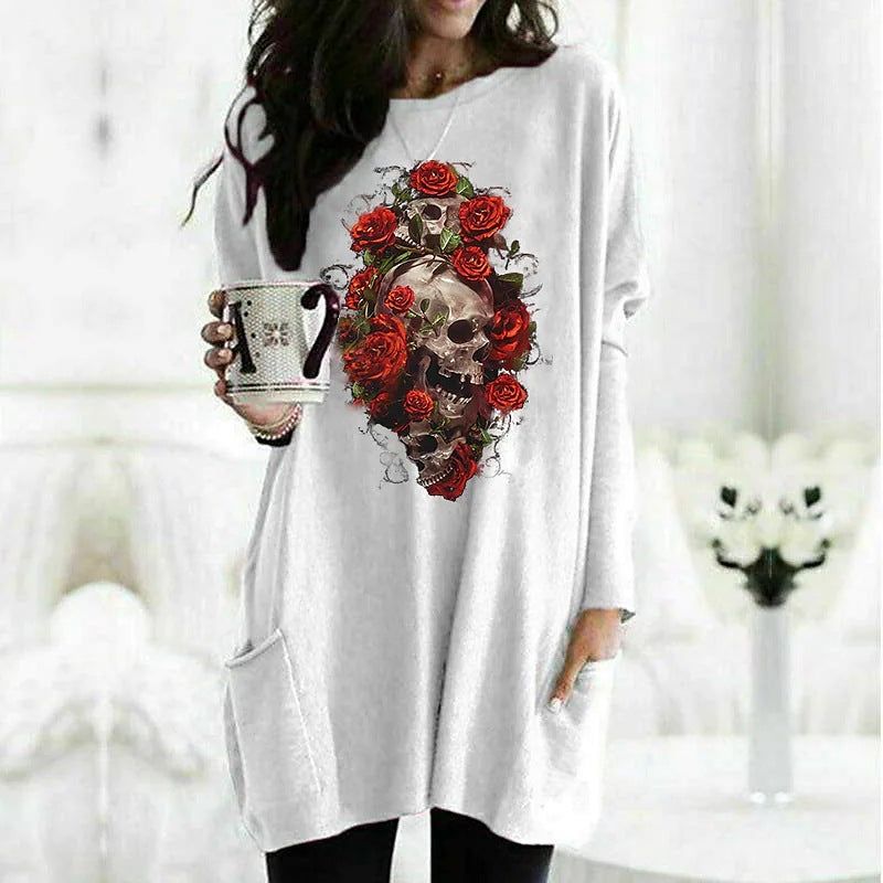 Skull Dress Casual round Neck T-shirt Women's Long Sleeve Pocket Loose Dress