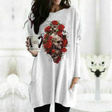 Skull Dress Casual round Neck T-shirt Women's Long Sleeve Pocket Loose Dress