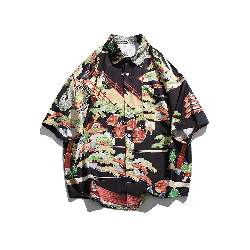 Men T Shitrs Summer Printed Shirt Casual Lapel Short Sleeve Men