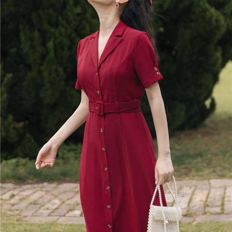 Women's Cottagecore Dress Vintage Dress Women's Red Single Breasted Suit Collar Dress Hong Kong Style Elegant Waist Dress Summer