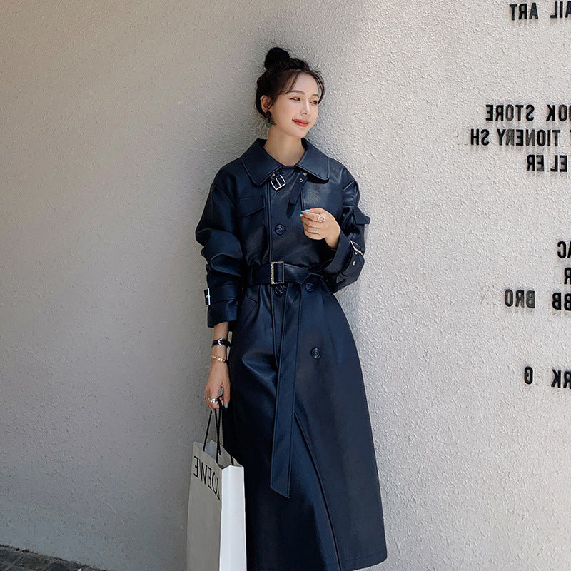 Cute Leather Jacket Autumn And Winter Navy Blue Leather Wind Coat Mid-Length Women'S Elegant British Style Waist Trimming Coat