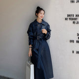 Cute Leather Jacket Autumn And Winter Navy Blue Leather Wind Coat Mid-Length Women'S Elegant British Style Waist Trimming Coat