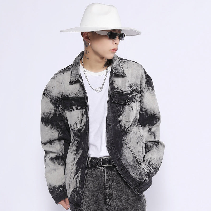 Men Denim Coat Jean Jackets Gradient Tie-Dye Washed Do the Old Cowboy Coat Men Loose Lapels Denim Clothes Jacket