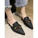 Finn Chain Pointed Toe Mule Spring and Autumn Lazy Pump Half Slippers Women's Outer Wear Chunky Heel All-Matching Low Heel Slippers Mules Shoes