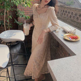 Aesthetic Dress Retro Trumpet Sleeve Square Collar Drawstring Waist Lace Skirt