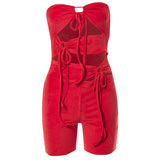 Stitching Solid Color Sleeveless Backless Lace-up Tied Slim Fit Shorts Jumpsuit