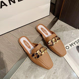 Finn Chain Pointed Toe Mule Heel-Free Square Toe Half Slippers Metal Buckle Thick Heel Toe Box Lazy Shoes