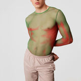 Men Rave T Shirt Long Sleeve See-through Men Green Gradient Stretch Transparent Sexy T-shirt