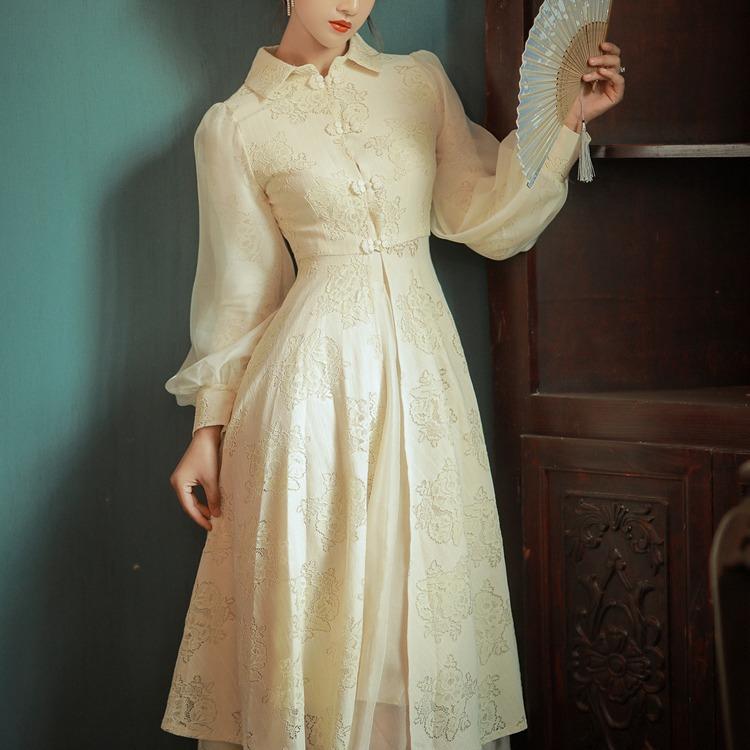 Lantern Long Sleeve Lapel Vintage Lace cottagecore aesthetic dress