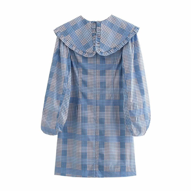 Women Fall Fall Plaid Color-Matching Dress Doll Collar Lantern Sleeve Skirt