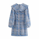 Women Fall Fall Plaid Color-Matching Dress Doll Collar Lantern Sleeve Skirt