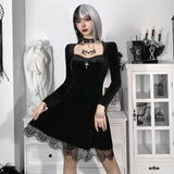 Winter Formal Dresses Dark Lace Dress Autumn and Winter Stitching Long Sleeve Round Neck