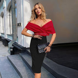 Winter Formal Dresses Spring/Summer V-neck Off-Shoulder Show Waist with Belt Contrast Color Ol Dress