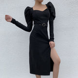 Winter Formal Dresses Autumn And Winter Puff Sleeve Dress Casual Slit Square Collar Belt Hip Skirt For Women