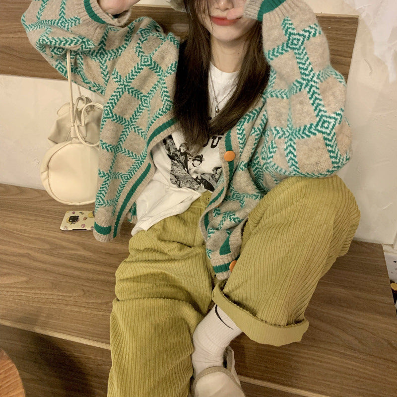 Preppy Aesthetic Sweater Vintage Plaid Sweater Autumn and Winter Loose Top