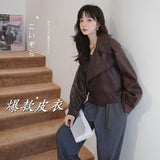 Cute Leather Jacket Autumn Retro Short Coat Loose Biker's Leather Jacket