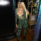 Sexy Deep V Long Sleeve Hollow out See-through Skull Mesh One-Piece Trousers for Women