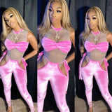 See through Pants Suit Women's Fashion Casual Solid Color Trousers Suit Velvet Two-Piece Suit Women