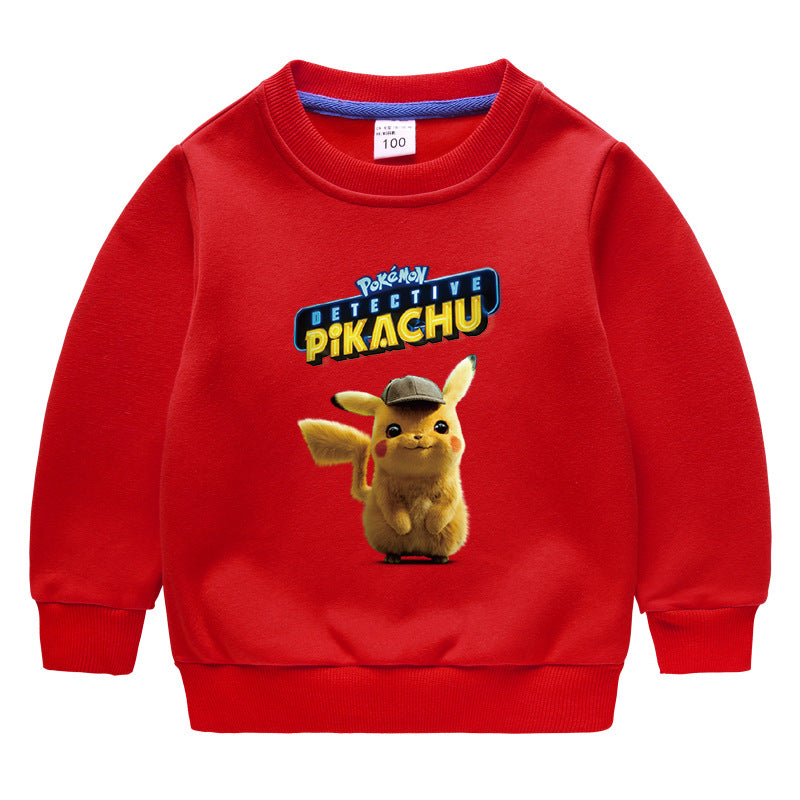 Children Pokemon Pikachu Hoodie Children's Fleece-Lined Sweater Boys' Fleece-Lined Autumn and Winter Clothes Baby Pikachu