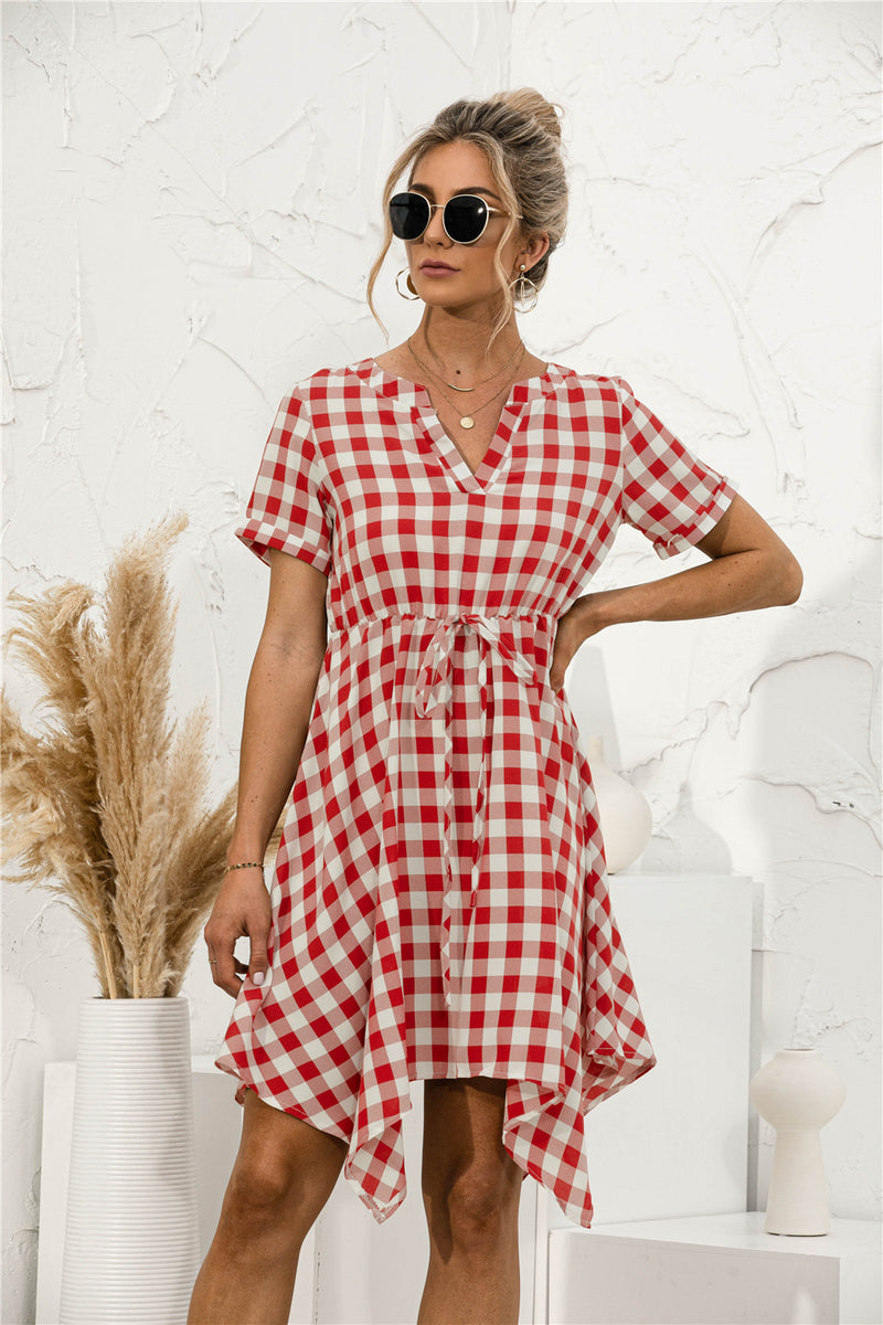 Gingham Dress Spring/Summer V-neck Plaid Irregular Dress